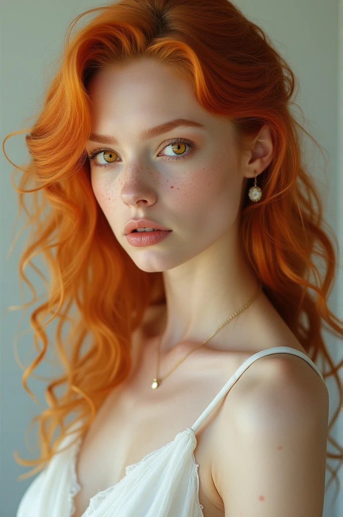 Beautiful woman with long curly orange hair and yellow eyes wearing a white dress, long nose and freckles on her skin
