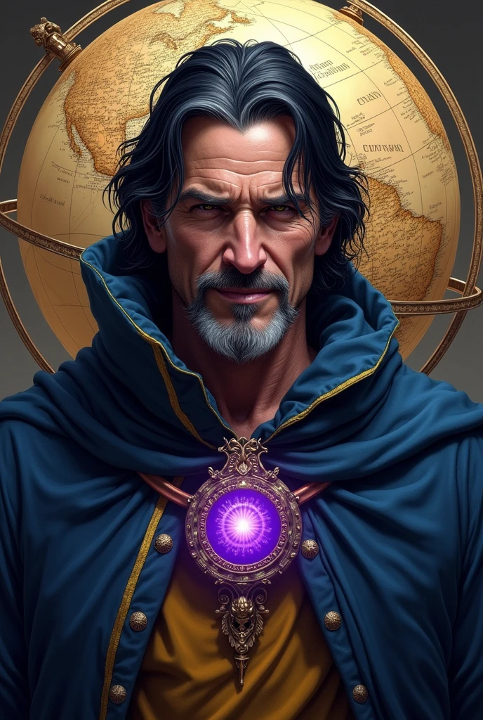 Draw the actor Christian Bale, about 50 years old, como um mago de Dungeons e Dragons, with black hair but gray in the forelock, focus on Christian Bale&#39;s well-drawn face, Boris Vallejo style drawing, he with a dark blue wizard&#39;s cloak with yellow details, a bright purple magic stone hung around his neck like an amulet, evil look and psychopath smile looking straight ahead, standing in front of a globe. high resolution, 8k.