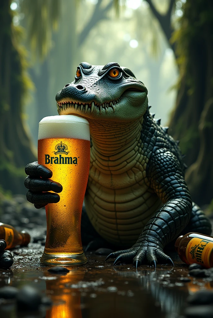 an alligator with a glass of Brahma beer in a swamp with several bottles on the ground