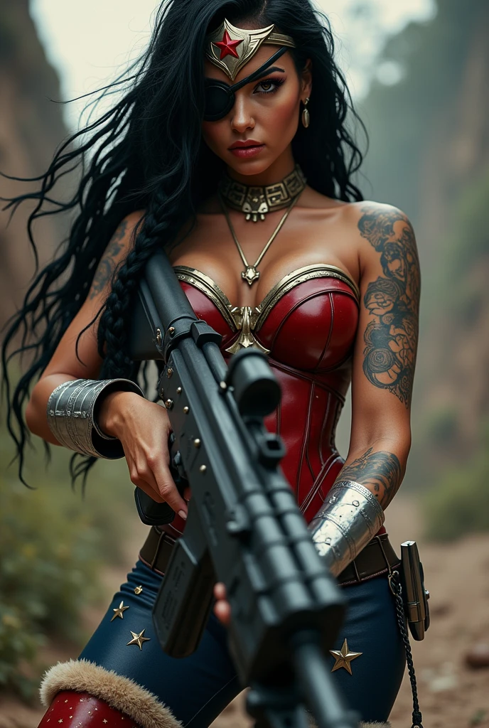 In extreme close-up a beautiful woman with long black hair in a braid Wonder Woman with a black patch on one of her eyes tattoos on her body with a giant machine gun in her hands red corset suit and a blue Legis with tiny stars red sheepskin boots with a beige border Diaema in silver metal with a red star on her forehead Wonder Woman 