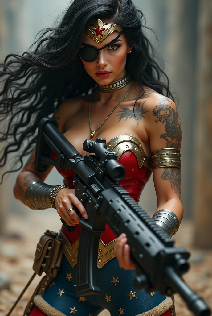 In extreme close-up a beautiful woman with long black hair in a braid Wonder Woman with a black patch on one of her eyes tattoos on her body with a giant machine gun in her hands red corset suit and a blue Legis with tiny stars red sheepskin boots with a beige border Diaema in silver metal with a red star on her forehead Wonder Woman