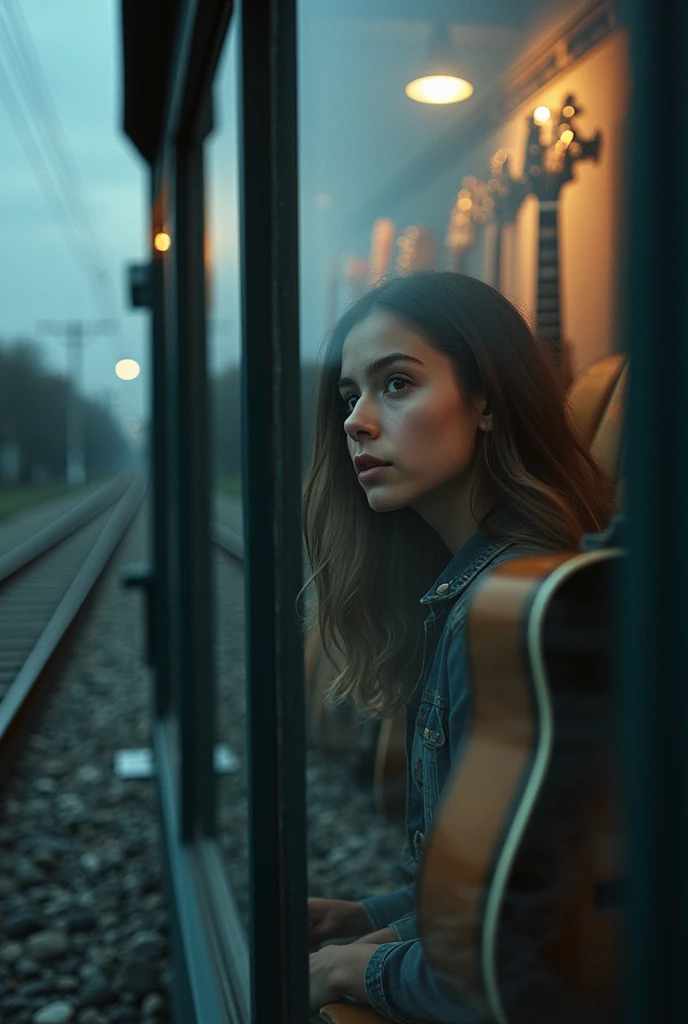 Young woman looking longingly into a guitar shop window, near the train tracks It takes place at dawn Realistic style with a cold filter