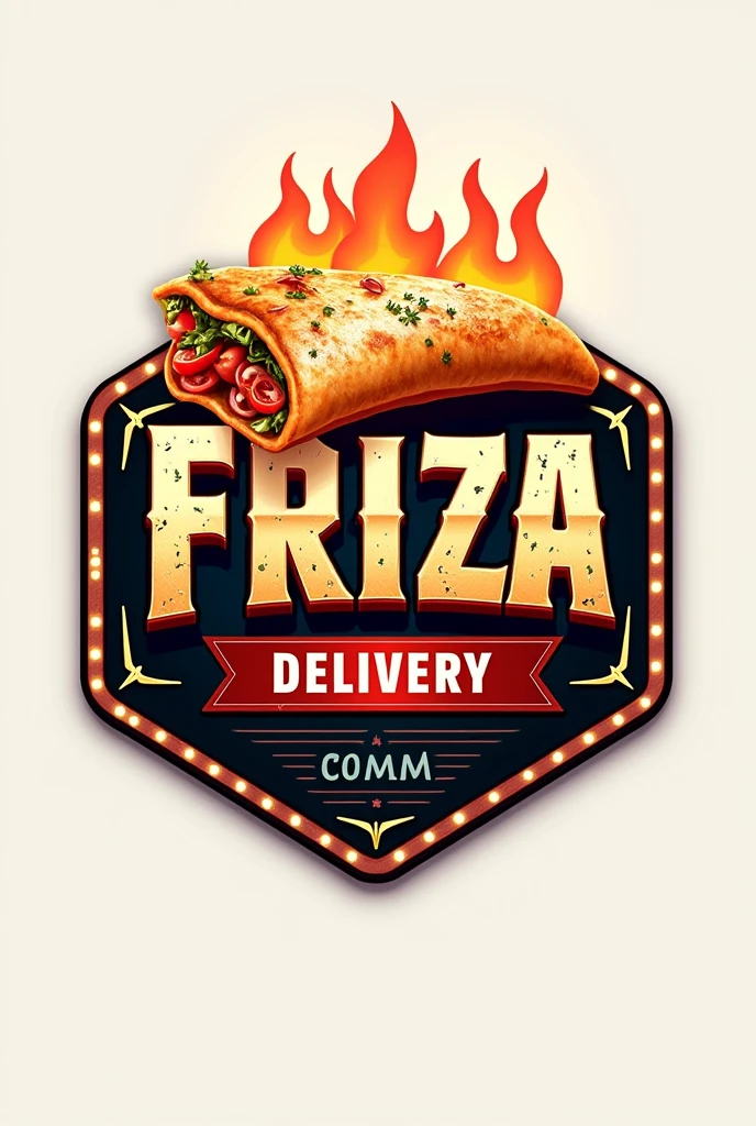 Create a logo image for a restaurant called “Golden” that serves “pizza frita” and delivers via “delivery.” The logo should incorporate elements that symbolize a calzone. Use bold, industrial-style fonts for the business name “Golden” to convey strength and durability. Include a color palette that reflects a delivery restaurant, with metallic hues like red and orange accented by a vibrant, contrasting color like black or blue to represent heat and intensity of flavor. The design should be clean, modern, and professional, suitable for branding on various materials, such as business cards, signage, and company vehicles., 3D Rendering