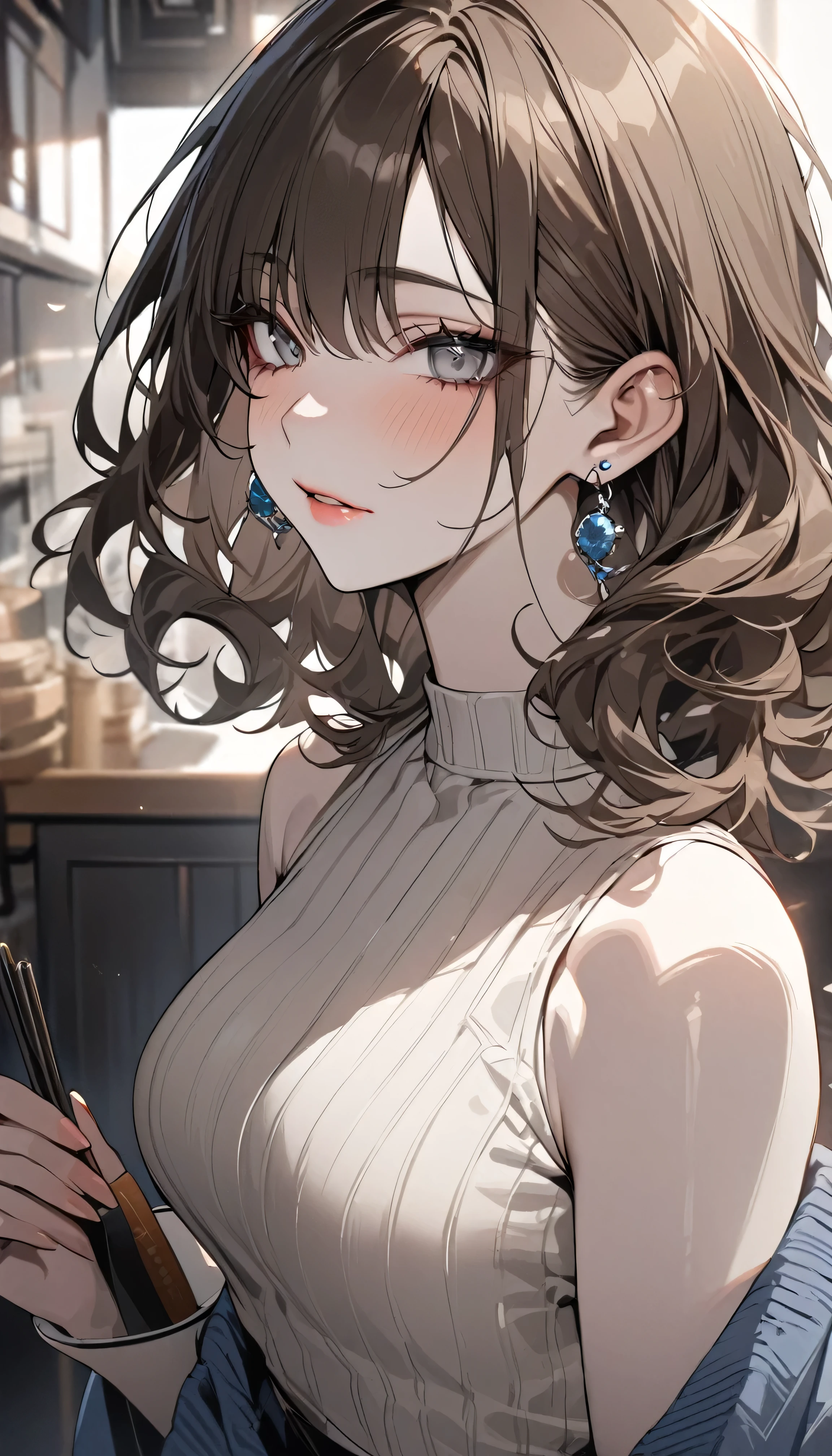 masterpiece, Highest quality, Pixiv, Cool girl, there are a lot of earrings, Earrings, Dark brown hair, Short Bob,Wavy Hair, Grey Eyes, Pale skin, Gal, Improve,Natural Lip,Double crisp eyes