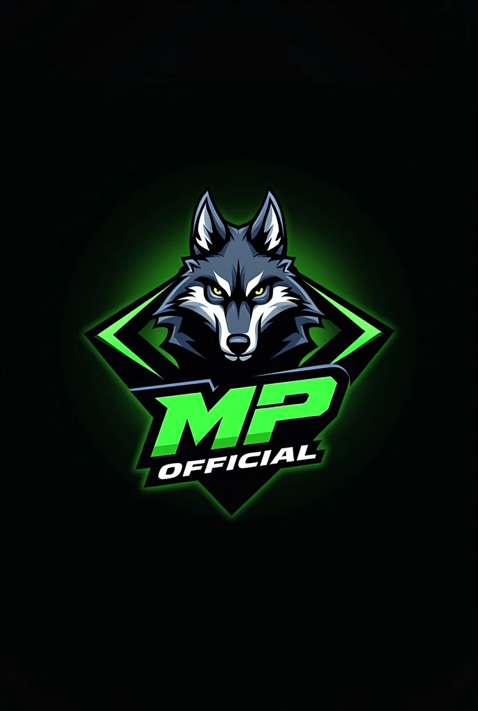 GAMING MASCOT LOGO of name "MP OFFICIAL" WITH GREEN COLOR TEXT with wolf character