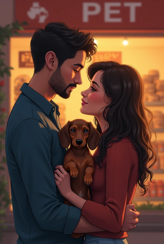 A man and woman stand in front of a pet shop, holding each other close while gazing into each others eyes. In their arms, they cradle a Dachshund puppy, who looks back at them with bright, curious eyes, symbolizing the beginning of a new chapter together.