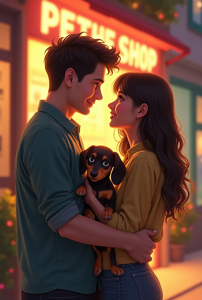 A man and woman stand in front of a pet shop, holding each other close while gazing into each others eyes. In their arms, they cradle a Dachshund puppy, who looks back at them with bright, curious eyes, symbolizing the beginning of a new chapter together.