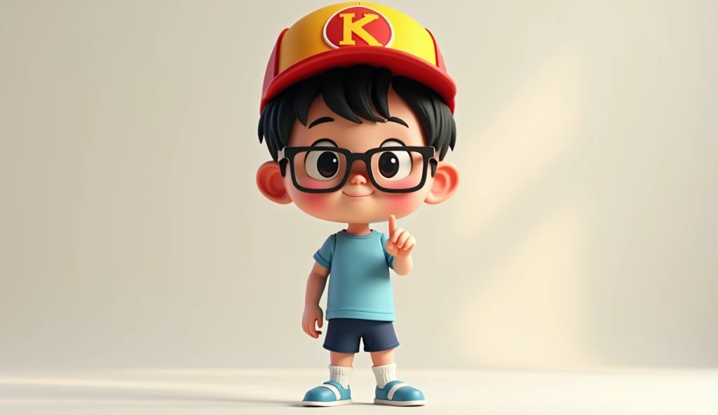 Create a realistic image of a young boy who resembles a cartoon character. He has short black hair, wears square eyeglasses, and a red and yellow cap with a large 'K' emblem on the front. The boy is dressed in a light blue long-sleeve shirt made of cotton and navy blue shorts. He also wears white socks that reach mid-calf and light blue slip-on shoes. The boy is standing upright, with one hand pointing up confidently. The background should be simple and neutral, with soft lighting that highlights the character's features, focusing on making him appear as lifelike as possible.