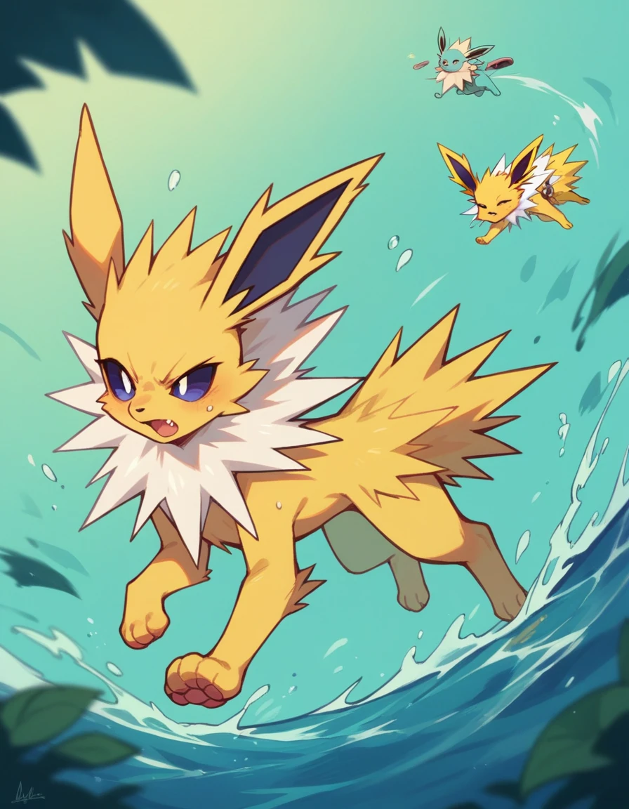 A Jolteon pokemon is running at high speed over the water and is surrounded by electric shocks. On a moonlit night.