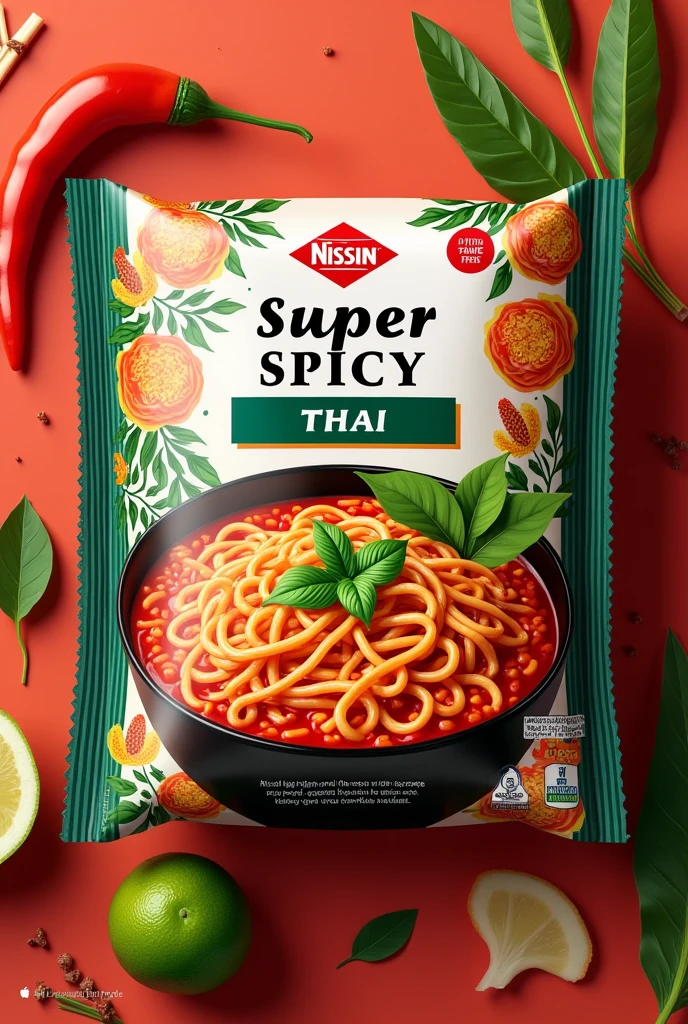 Make a super spicy Thai noodle packaging with traditional Thai flavors that is very attractive like the Nissin packaging