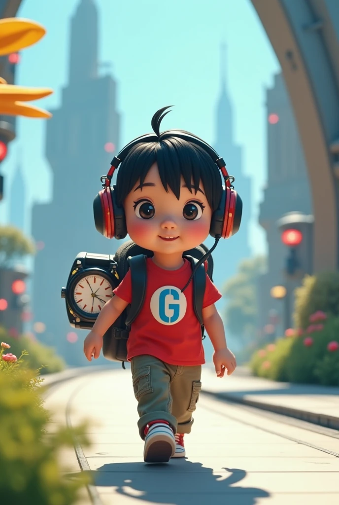 A white child with black hair parted on the side, with black and red headphones, red shirt with the letter G in blue.
Walking on a futuristic road with a large watch sticking out of the backpack!