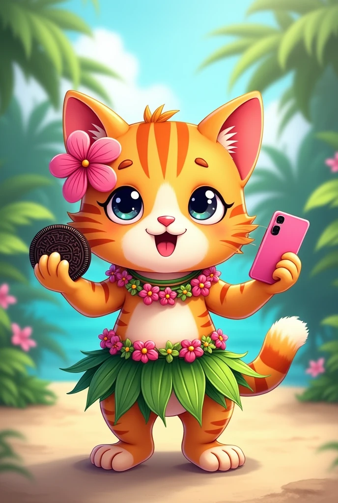 Chat tigré kawaii en danseuse tahitienne avec une fleur tahitienne rose au niveau de l'oreille Avec un oreo dans une main et un téléphone rose dans l'autre qui fait de la danse tahitienne