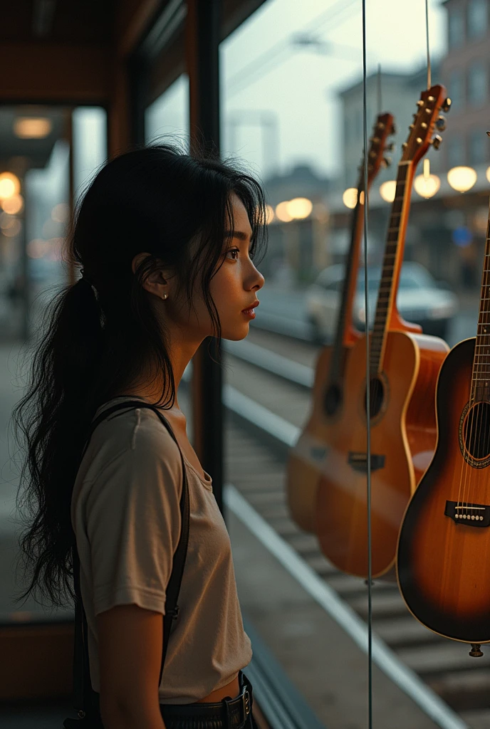 Young woman looking longingly into a guitar shop window, near the train tracks