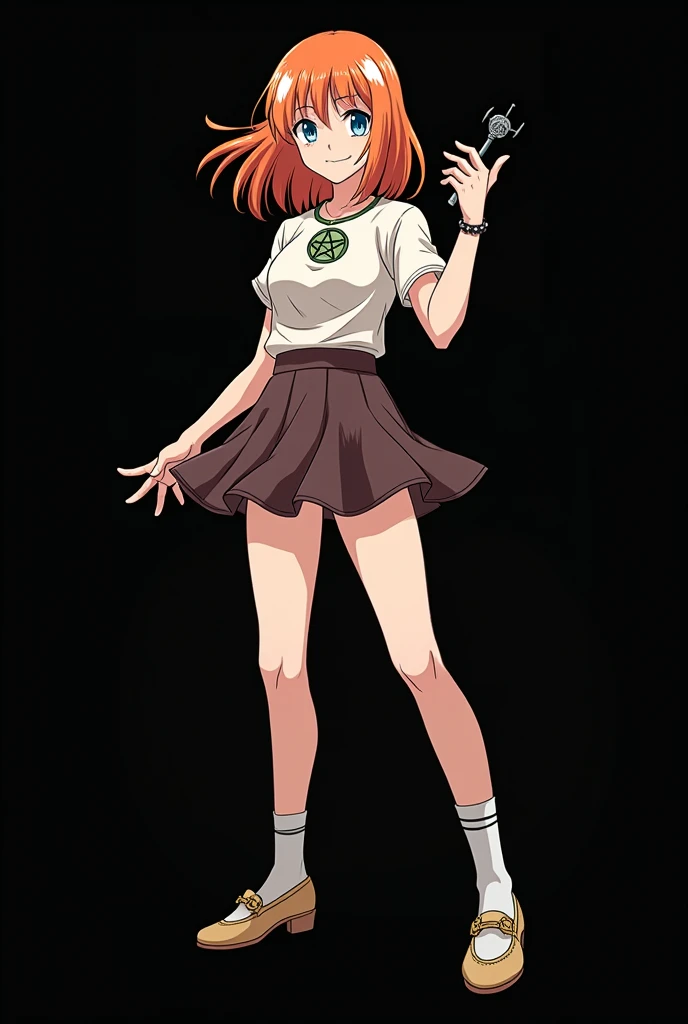 A full body image of an 1 girl named Hana Watanabe, personagem do anime "dragonball z", she is very beautiful, with medium length straight fire-colored hair with two white highlights in the front, framing your face. She has blue-green eyes and pale skin.. she is a Wiccan, she is in fighting pose. she wears a pentagram necklace, croped, glued skirt, beautiful women's shoes and ¾ socks, she holds a small nail hammer and small nails. It is drawn with Akira Toryama's animation. black backdrop.