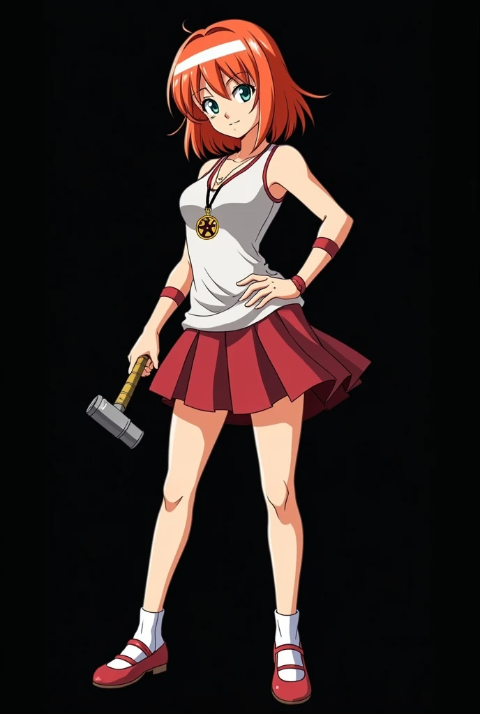 A full body image of an 1 girl named Hana Watanabe, personagem do anime "dragonball z", she is very beautiful, with medium length straight fire-colored hair with two white highlights in the front, framing your face. She has blue-green eyes and pale skin.. she is a Wiccan, she is in fighting pose. she wears a pentagram necklace, croped, glued skirt, beautiful women's shoes and ¾ socks, she holds a small nail hammer and small nails. It is drawn with Akira Toryama's animation. black backdrop.