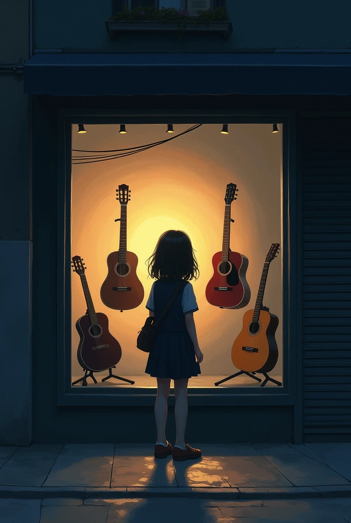 generate an image of a girl, backwards, looking at the window of a guitar shop. the store is closed, It's 6 am and it's dawning.