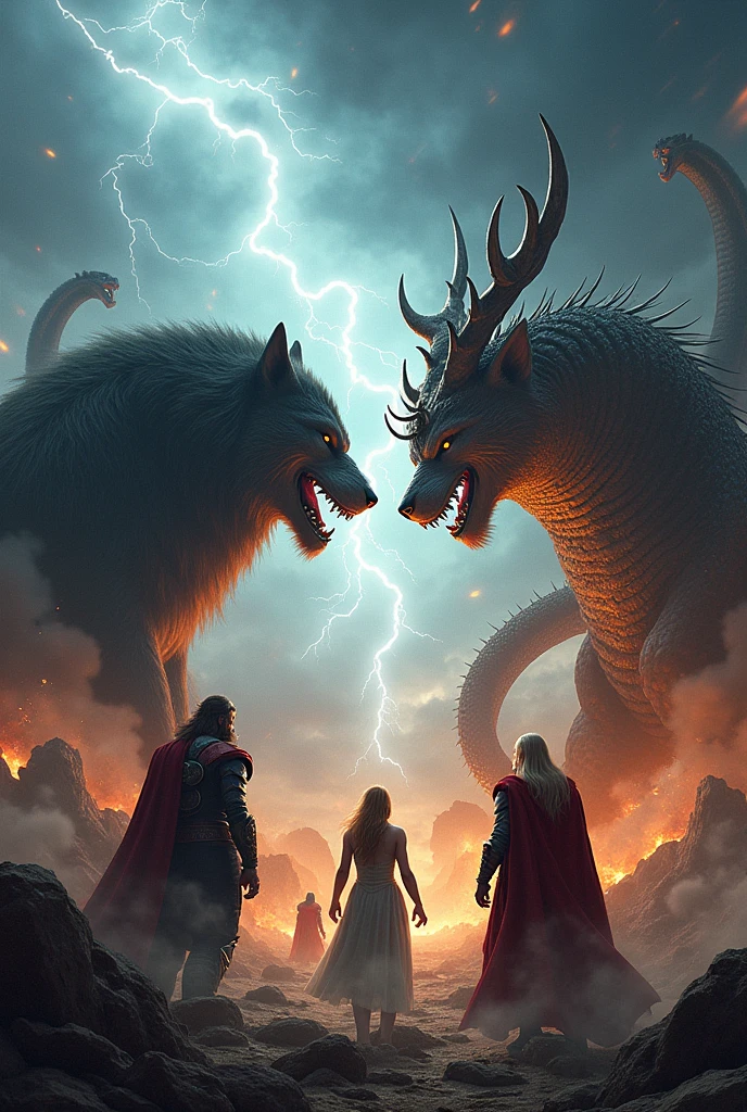 ragnarok on one side loki and the wolf and the world serpent facing each other odin thor freya a photo for a banner