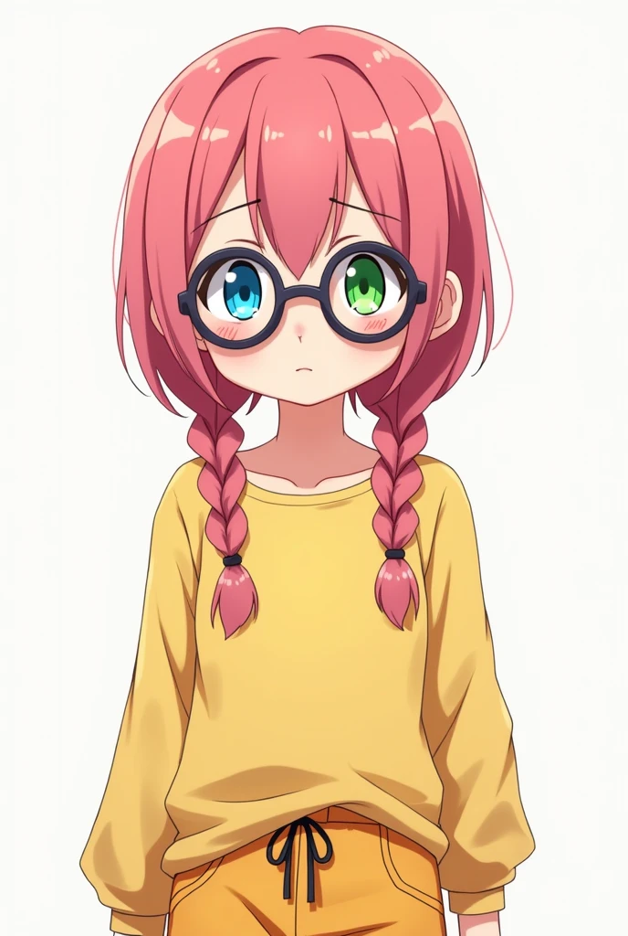Girl, a little tall and pretty, hair in two braids, Her hair is straight pink, eyes of different colors, one blue and the other green, yellow casual clothes, He also wears big glasses. anime style.