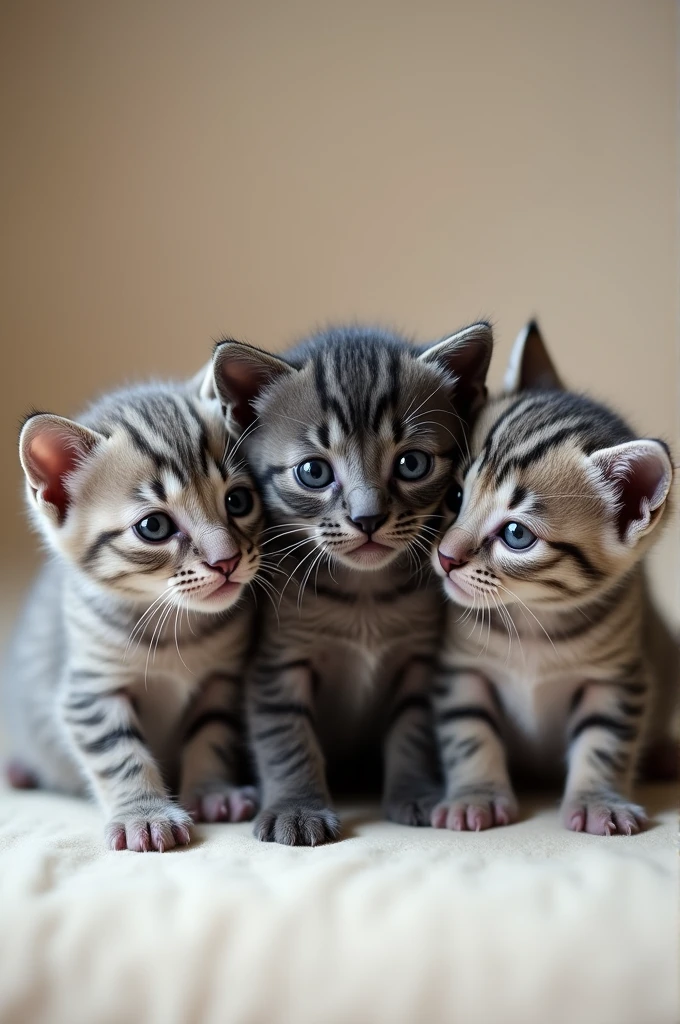 Photograph of three newborn kittens: gray, negro, gray claro con franjas grayes oscuros 