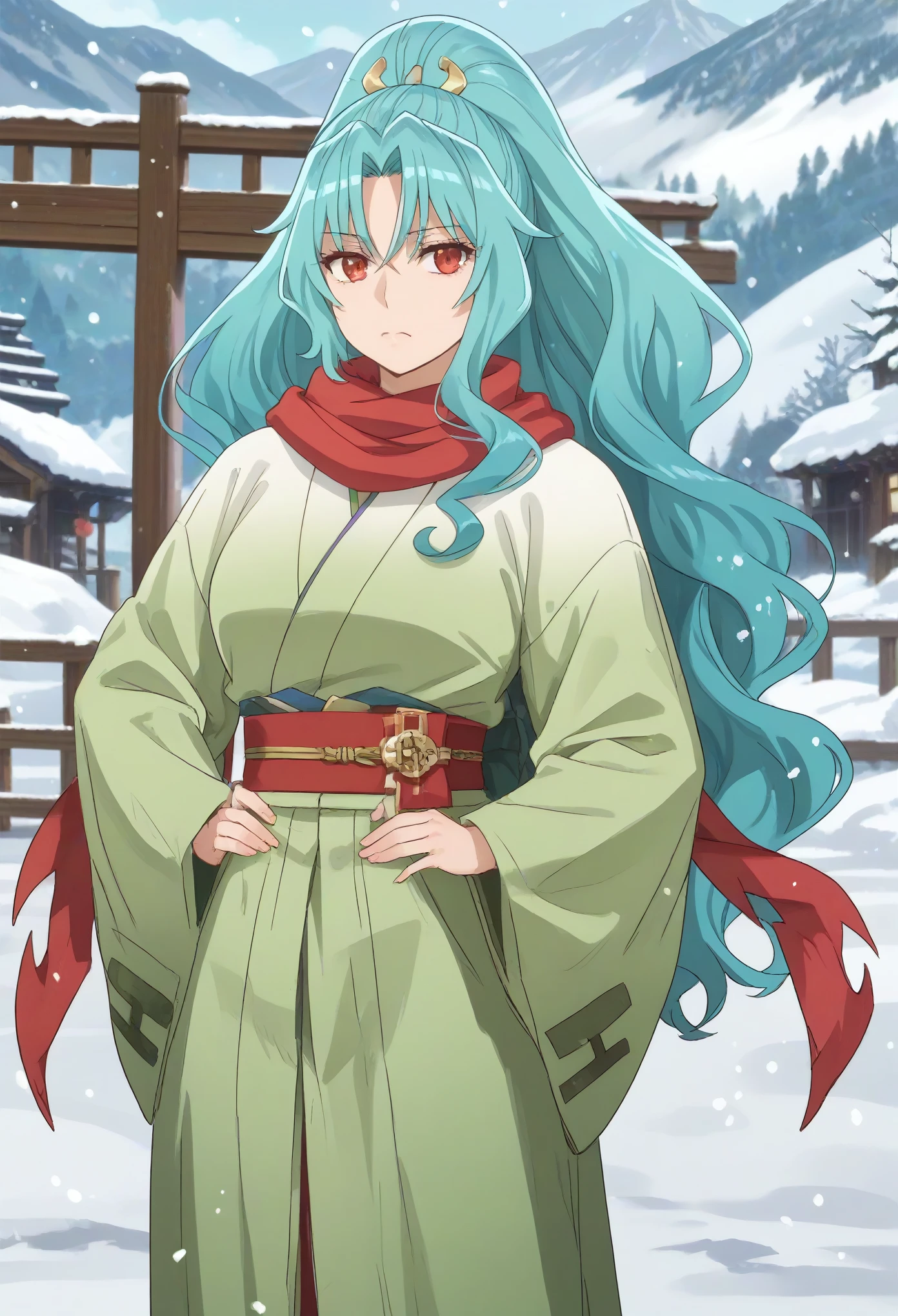 photorealistic, (4k), depth of field, (Masterpiece), (realistic skin texture), extremely detailed, intricate, hyper detailed, high resolution, professional photography, bokeh, sharp detail, best quality, woman, (green kimono), long hair, aqua hair, ponytail, red eyes, red scarf, large breasts, standing with hands on hips , mountain path, snowing, snow, japanese style, japanese village,
