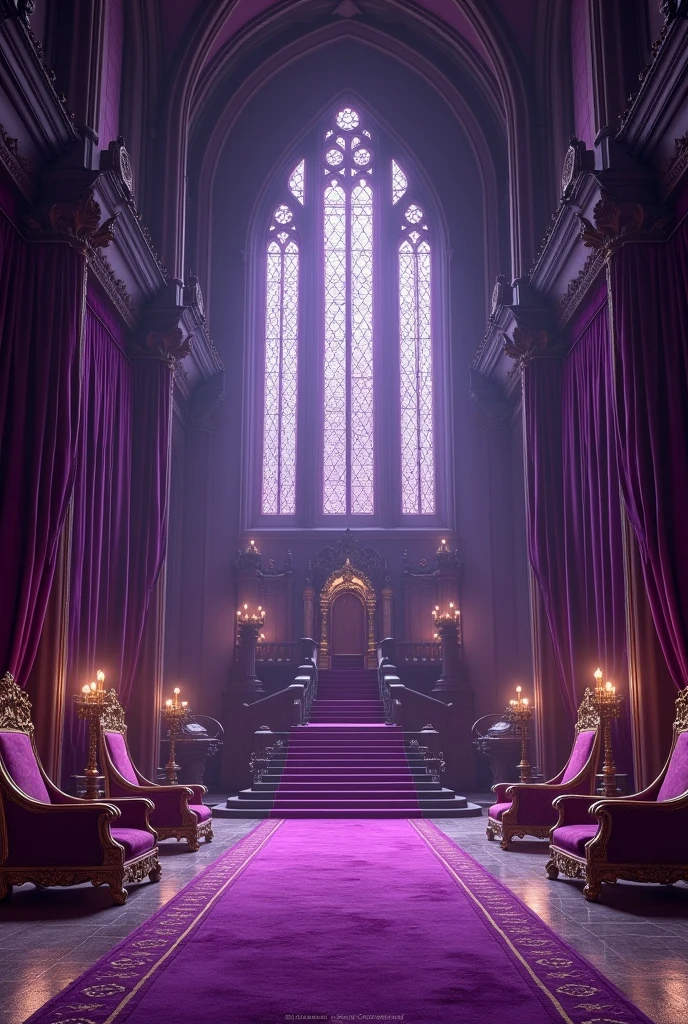 Can you create a huge royal hall??, very wide, with gothic style windows with violet curtains, with completely purple walls, French medieval style furniture, purple carpeted floor, purple carpets, completely violet upholstery, very intense, through the opaque violet stained glass windows