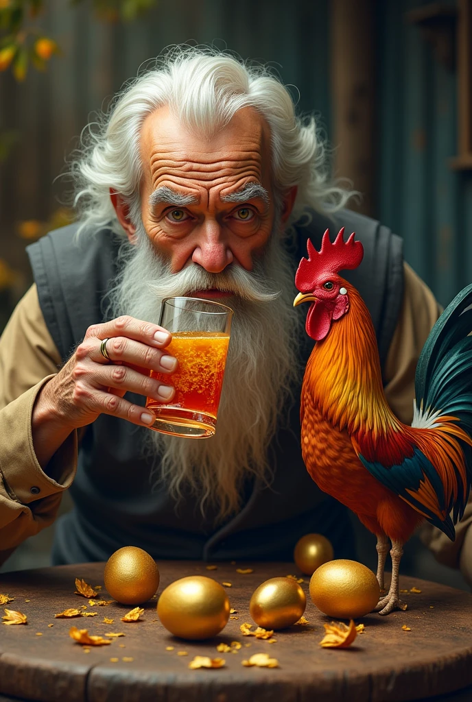 An old man drinking rhino juice with a rooster next to him laying golden eggs
