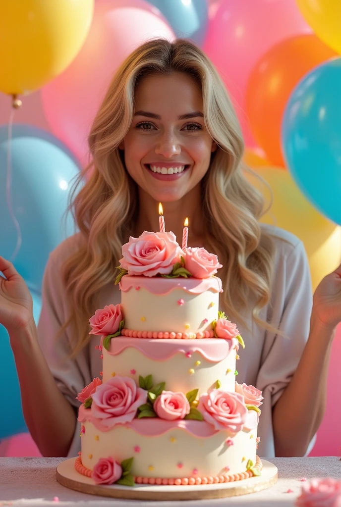 A happy birthday image with a pink 3-tier cake with flowers and roses , with balloons in the background and a sign that says happy birthday Angelica and has a woman with blonde hair