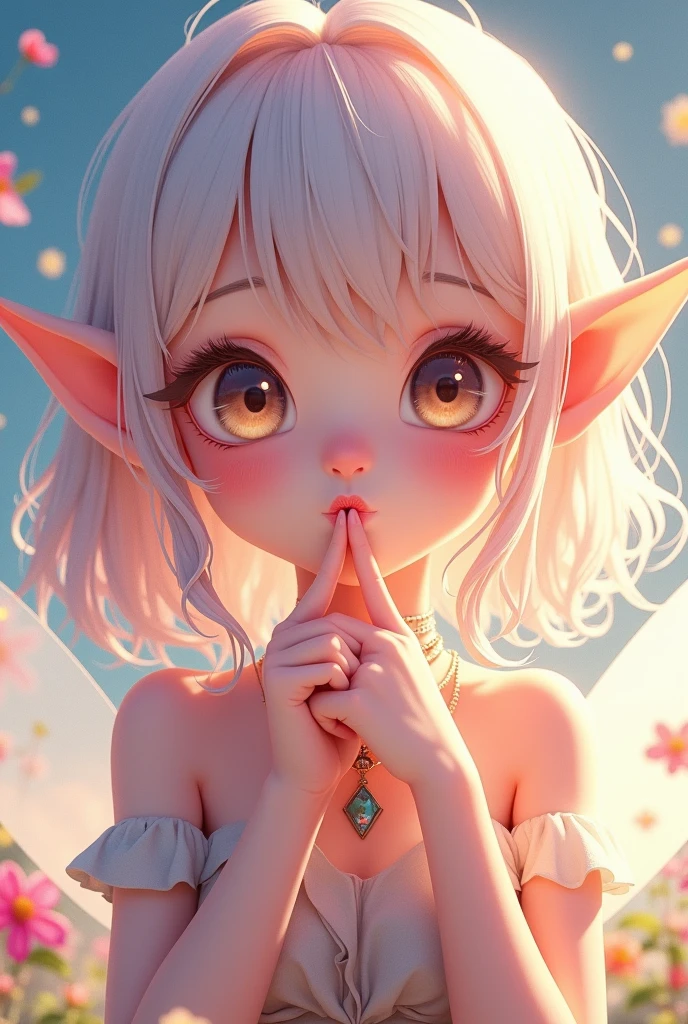 A cute anime elf or fairy that is pointing her lips while sending a kiss