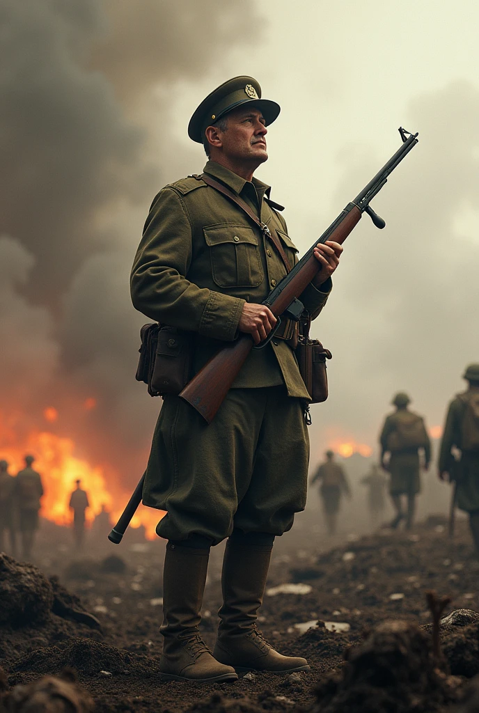 Masterpiece, a male soldier, almost dying, walking using his weapon, body covered in wounds, clothes torn, walking among a group of corpses of enemy soldiers, holding a red and white flag