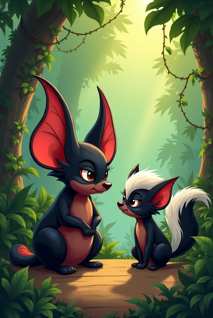 A wine red and black bat with a skunk in a jungle being friends. Old Disney style