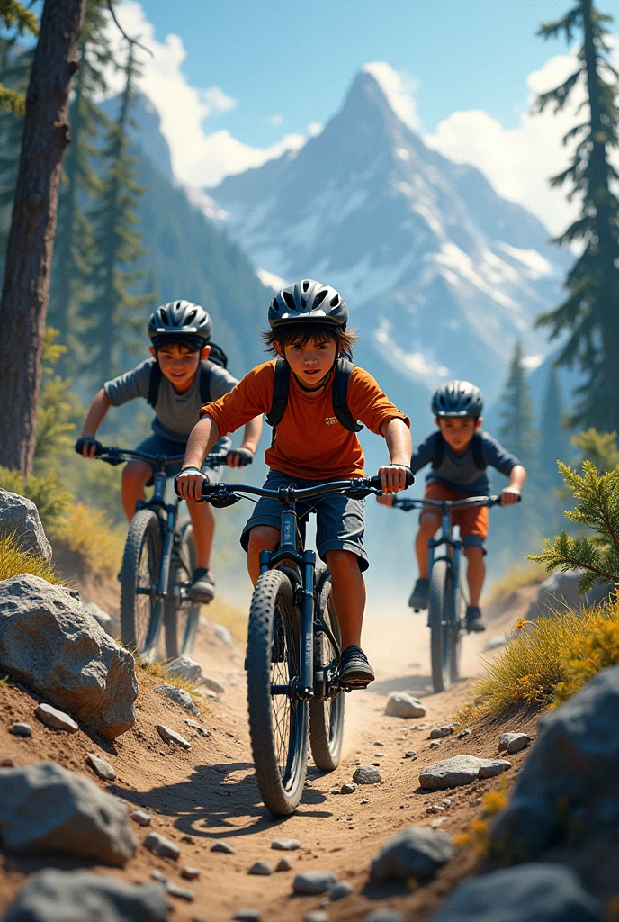 3 boy on a mountain bike, dark hair on trails.