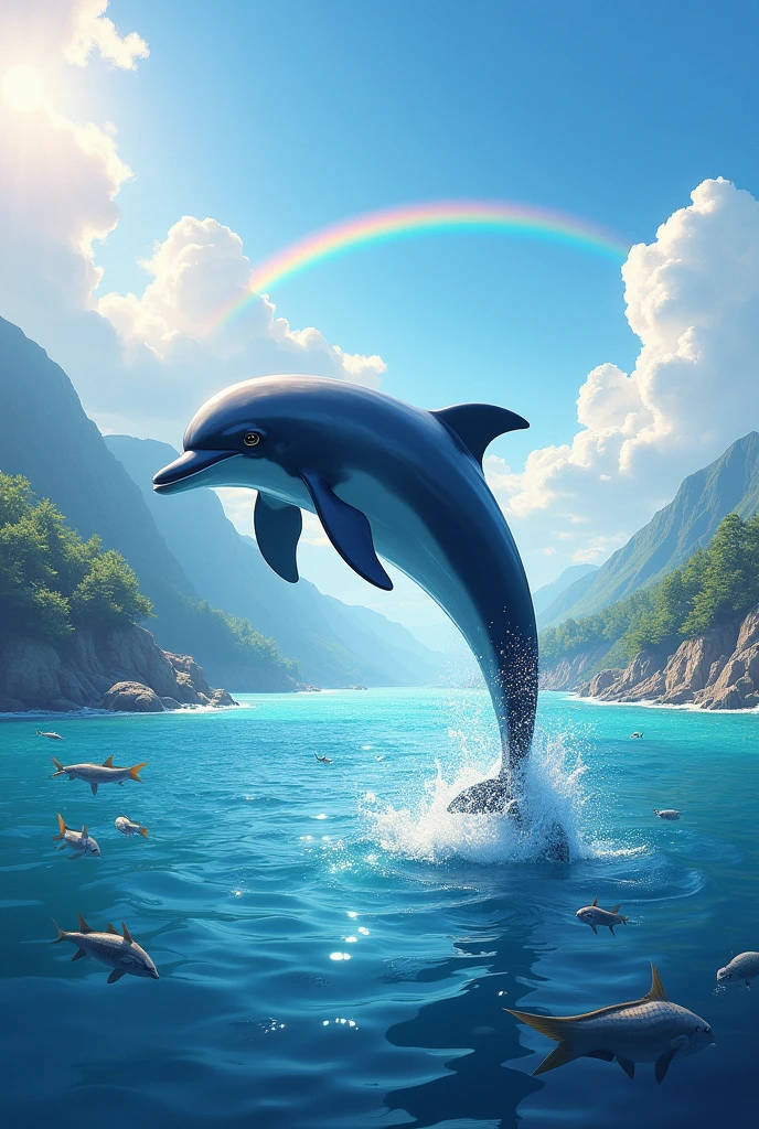 Dolphin jumping out of the water surrounded by a beautiful landscape, jumping fish, and rainbow, with bright and pastel colors 