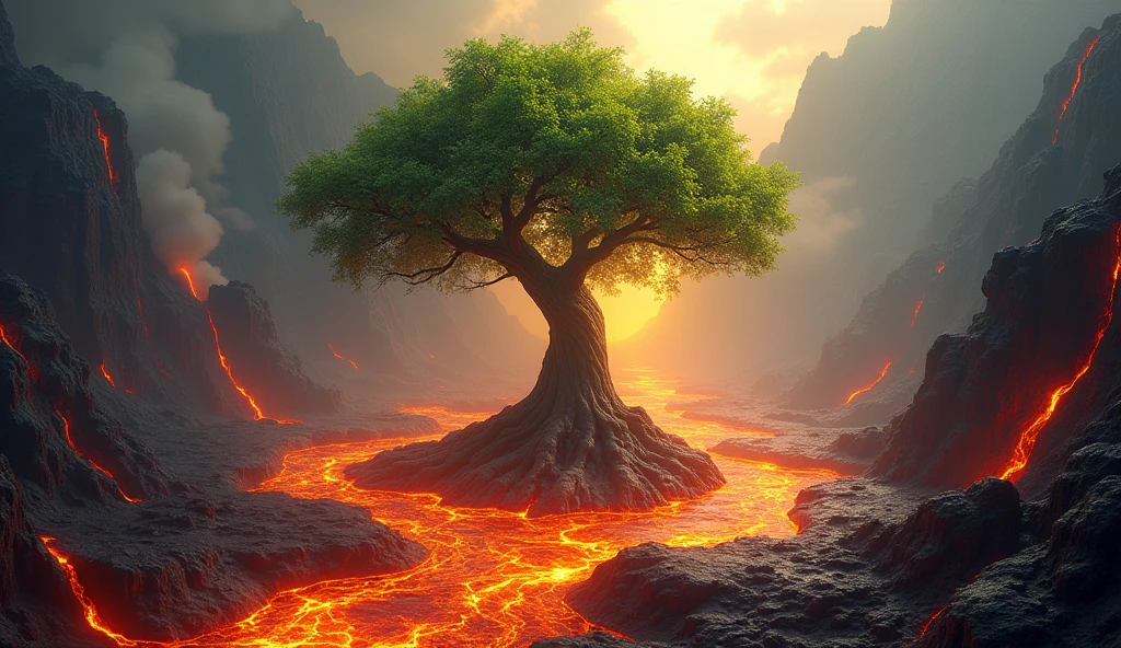 a lush tree with green leaves and deep roots stands in the middle of a volcano's mouth, lava flows all around it, fumes rise from the lava but the tree is strong and healthy, a ray of light illuminates the tree