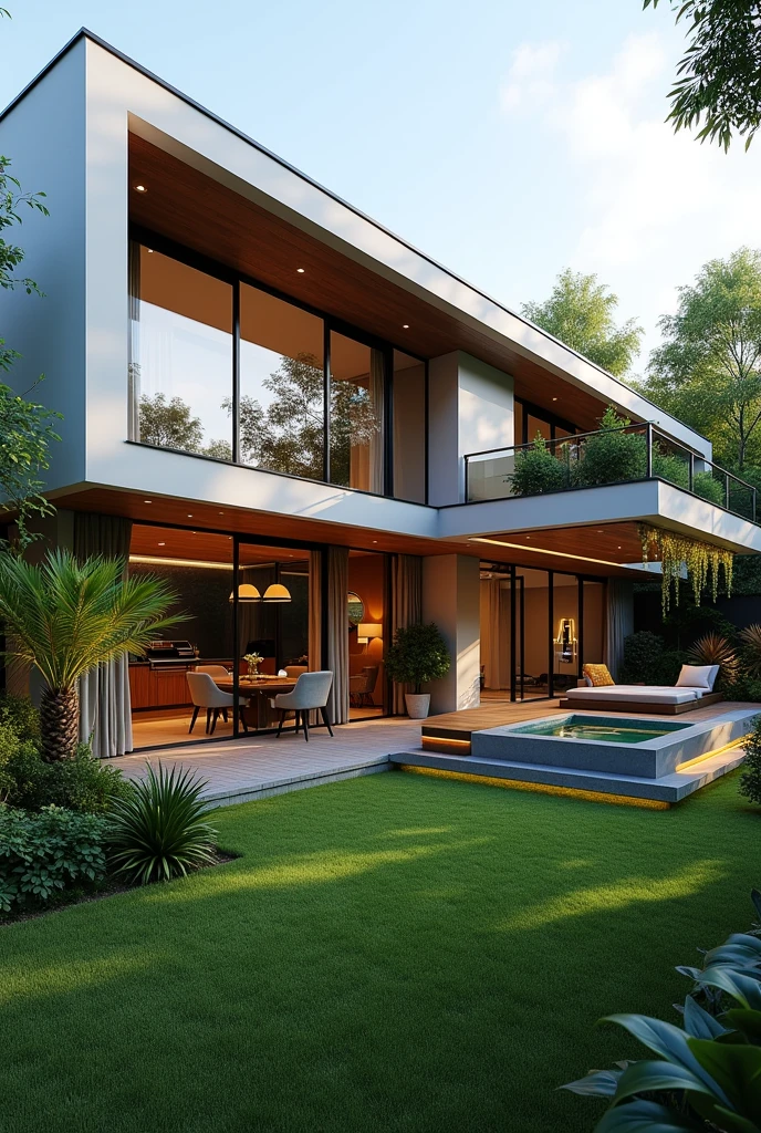 The project of a house on a 420 square meter plot. Modern two-story house. Grassy backyard with jacuzzi and garden, Gourmet area with barbecue and table to receive friends. Lighting in the garden and green area with hanging plants.
