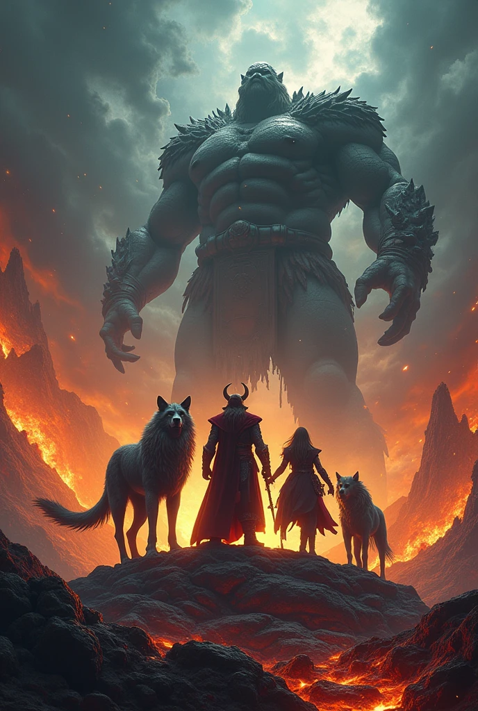 ragnarok on one side loki and the wolf and the world serpent facing each other odin thor freya a photo for a banner and the lava giant fighting the snake