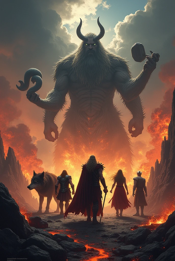 ragnarok on one side loki and the wolf and the world serpent facing each other odin thor freya a photo for a banner and the lava giant fighting the snake