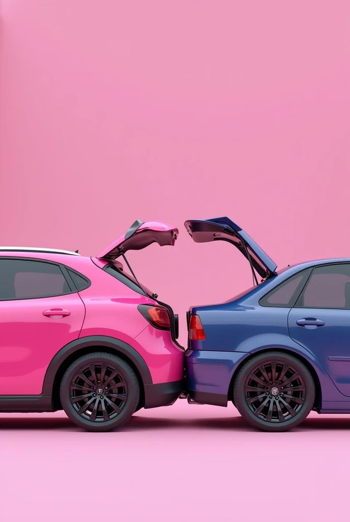 pink car with sound box in the trunk crashes behind a regular car while parking, profil view of cars, 8K, High Quality, Photorealistic, Clean Background, 8K, High Quality, Photorealistic, Clean Background