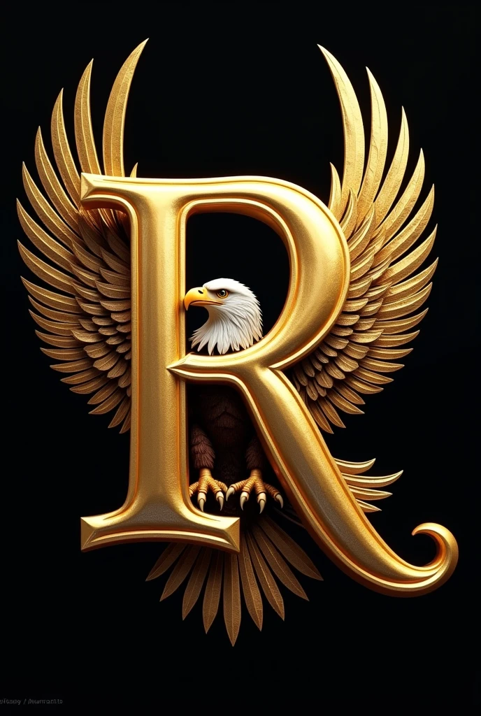 Create a large golden letter R where it is intertwined with a bald eagle with original plumage and add golden feathers and place this image on a black background