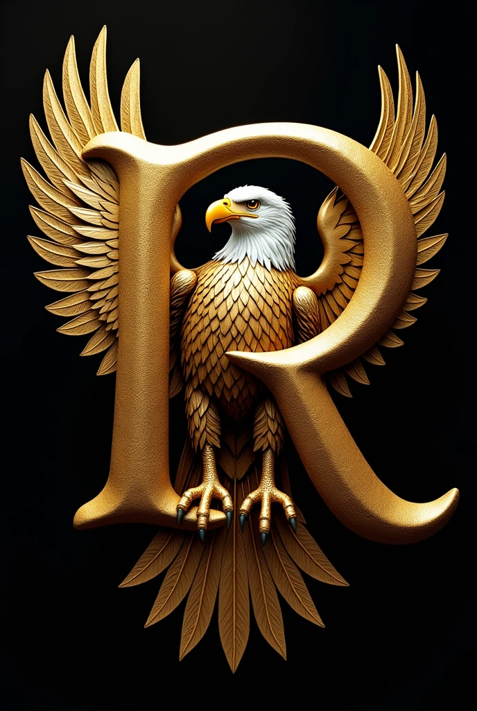 Create a large golden letter R where it is intertwined with a bald eagle with original plumage and add golden feathers and place this image on a black background