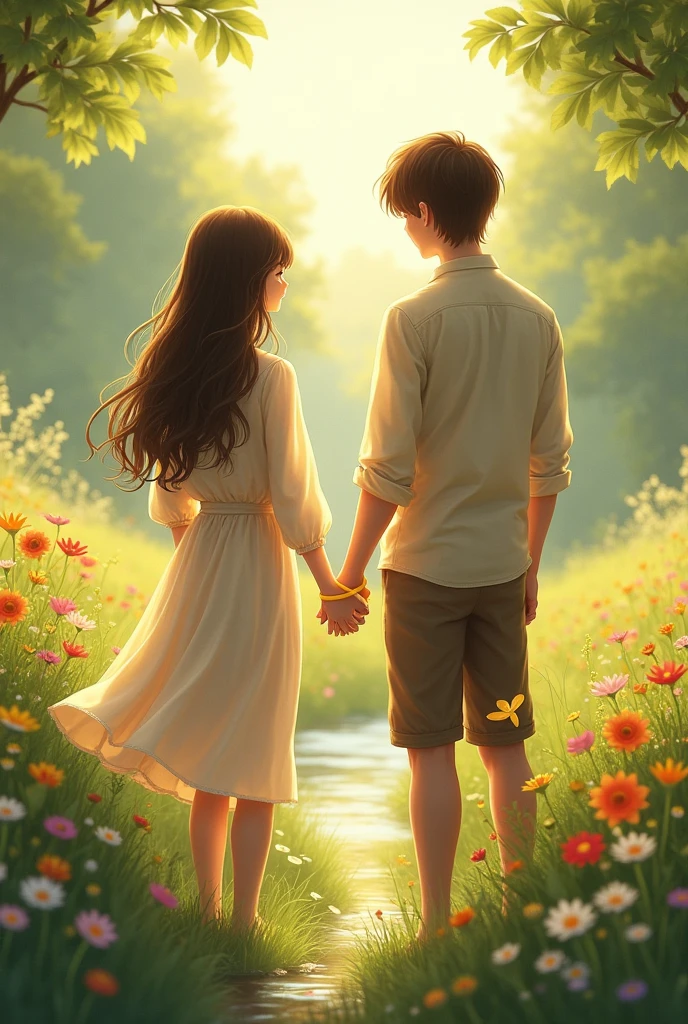 A 17 year old girl with long hair, light brown eyes and delicate hands, A 1 boy with medium long hair and dark brown eyes is in a meadow full of flowers and a stream that is realistic that they are with their backs turned and that their hands are joined by a golden bow. The girl is 1,57 and the boy 1,67