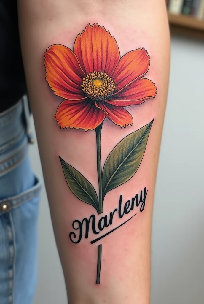 a tattoo of a flower head, and on the stem that bears the name marleny