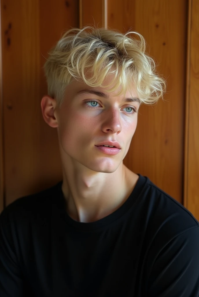Portrait of a young man with short, messy platinum blonde hair with soft highlights. He has fair skin and a soft expression, looking to the side. His eyes are an intense blue, standing out on his face. The background is a wooden wall that suggests a cozy atmosphere. The young man is wearing a simple black t-shirt. The style of the image is modern and minimalist, with natural lighting that highlights the features of the face. Portrait, with a focus on soft, natural lighting.