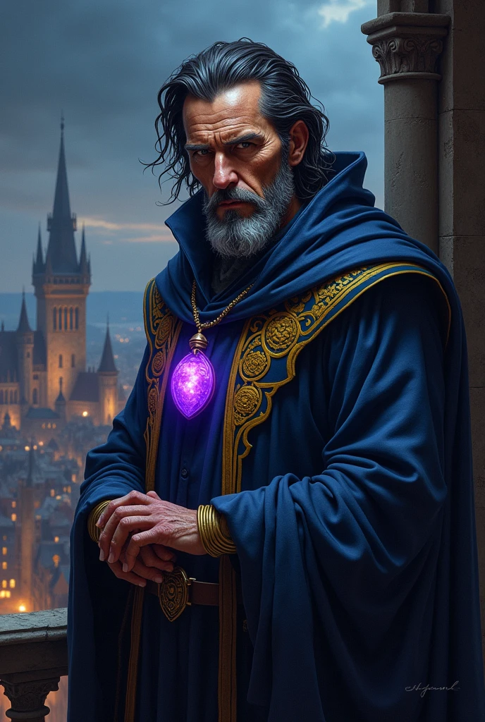 Draw the actor Christian Bale, about 50 years old, como um mago de Dungeons e Dragons, with black hair but gray in the forelock, focus on Christian Bale&#39;s well-drawn face, Boris Vallejo style drawing, he with a dark blue wizard&#39;s cloak with yellow details, a bright purple magic stone hung around his neck like an amulet, evil look and psychopath smile looking straight ahead, standing holding a glass of red wine. high resolution, 8k.