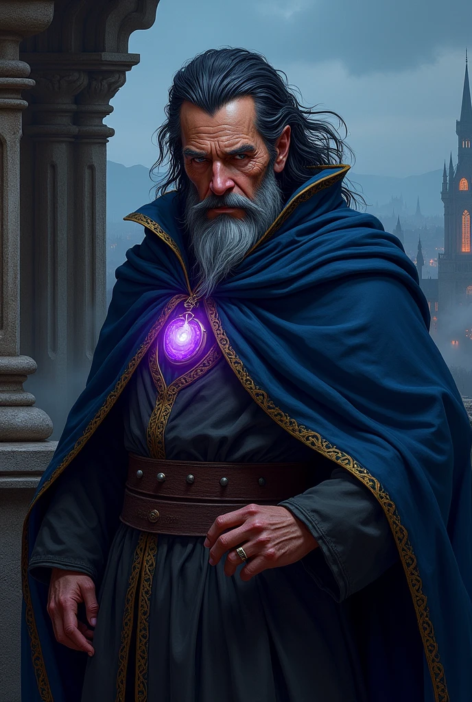 Draw the actor Christian Bale, about 50 years old, como um mago de Dungeons e Dragons, with black hair but gray in the forelock, focus on Christian Bale&#39;s well-drawn face, Boris Vallejo style drawing, he with a dark blue wizard&#39;s cloak with yellow details, a bright purple magic stone hung around his neck like an amulet, evil look and psychopath smile looking straight ahead, standing full body leaning on a balcony in a tall tower facing a medieval gothic night city. high resolution, 8k.