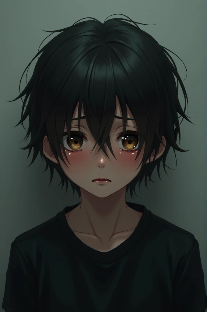 Boy with long black hair in a black t-shirt crying
