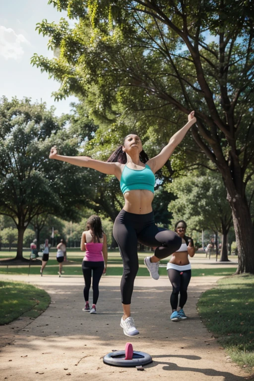 A group of people exercising in a park that represents healthy balance and overall health 