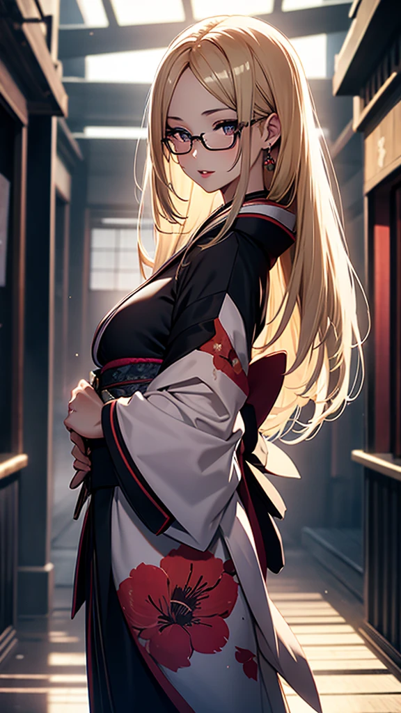 (1girl:1.3), Masterpiece, Best quality, amazing beauty, [[3D]], 4K, absurdres, finely detail, super detailed eye, perfect anatomy, official art, cinematic lighting, BREAK, Japanese-style room, silky long hair, forehead, blonde, super shiny detailed black eye, big eyes, sparkle(in the eyes), thin eyebrow, Gazing into the Distance, open-mouth, plump lips, Mascara, False eyelashes, pink lips, eyewear, happy face, BREAK , usually, tall, slender, fair skin, Are standing, full body, from front, BREAK , , BREAK,(kimono:1.3)