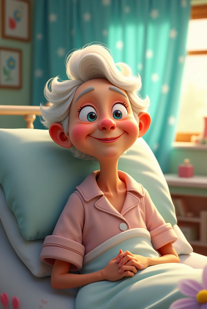 Disney style image, of an elderly person in hospital, smiling.