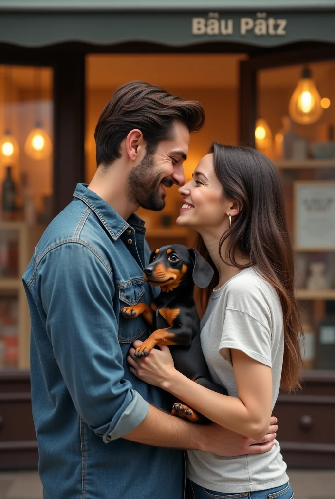 A man and woman stand in front of a pet shop, holding each other close while gazing into each others eyes. In their arms, they cradle a Dachshund puppy, who is looking at them with bright, curious eyes, symbolizing the beginning of a new chapter together. Realistic image 