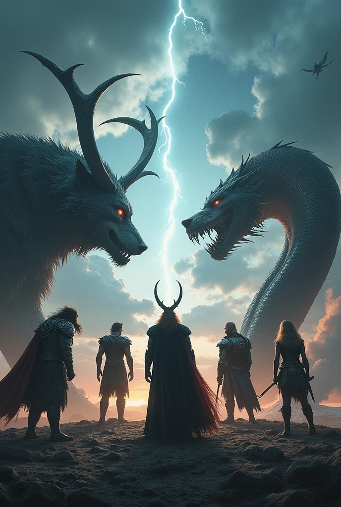 ragnarok on one side loki and the wolf and the world serpent facing each other odin thor freya a photo for a banner sena de gueera